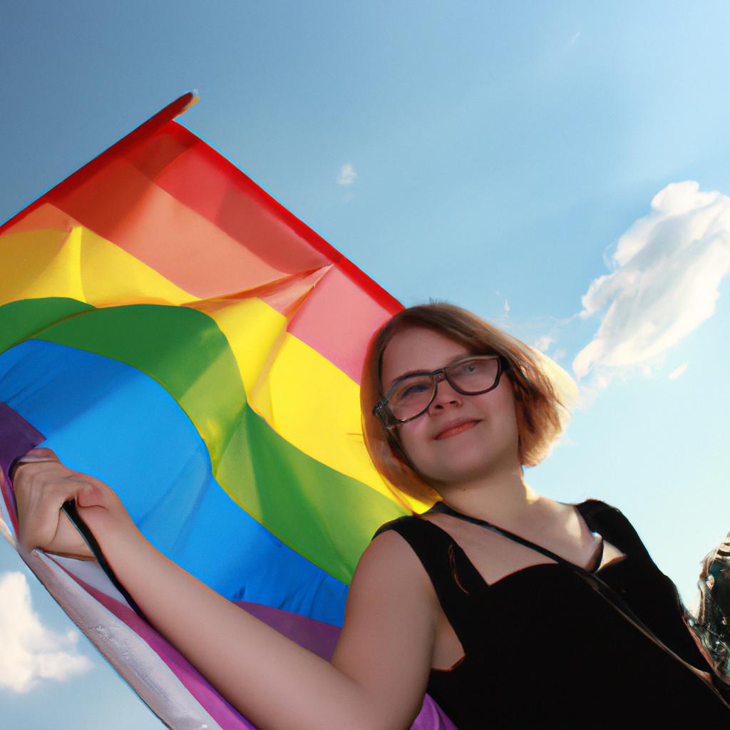 Person holding rainbow flag, smiling